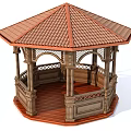 Wooden Gazebo With Hexagonal Structure Red Tiled Roof Carved Railings And Wooden Flooring