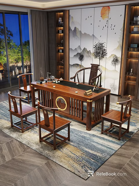 Elegant Traditional Tea Room With Wooden Tea Table Chairs Landscape Painting Bookshelves And Green Plants 3d model 