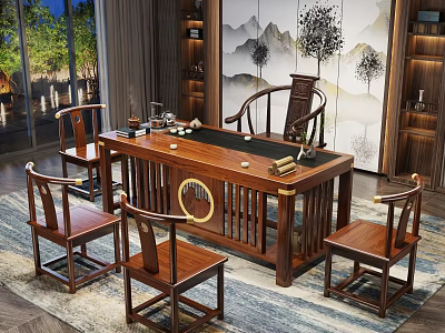 Elegant Traditional Tea Room With Wooden Tea Table Chairs Landscape Painting Bookshelves And Green Plants 3d model