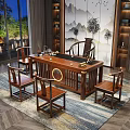 Elegant Traditional Tea Room With Wooden Tea Table Chairs Landscape Painting Bookshelves And Green Plants