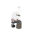 Modern Dressing Table With Round Mirror Hanging Pendant Lights Cosmetics And Pink Flowers