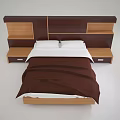 Double Bed with Wooden Headboard Brown Blanket White Sheets and Bedside Table 3d model