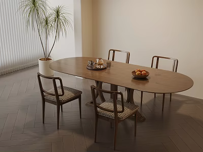 Modern Wooden Oval Dining Table Set With Four Woven Chairs And Fruit Bowl Tray 3d model