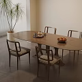 Modern Wooden Oval Dining Table Set With Four Woven Chairs And Fruit Bowl Tray