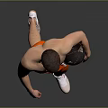 Shirtless Man Walking With Black Basketball Wearing Orange Shorts Against Gray Background