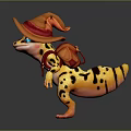 Animated Lizard Game Character With Orange Hat Blue Eyes And Spotted Skin On Green Grass