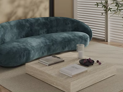 Wooden Coffee Table With Books Glass Holder Decorative Stones And Teal Sofa On Beige Rug 3d model