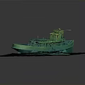 3D Green Water Transport Boat Model With Deck Cabin On Blue Marine Terrain