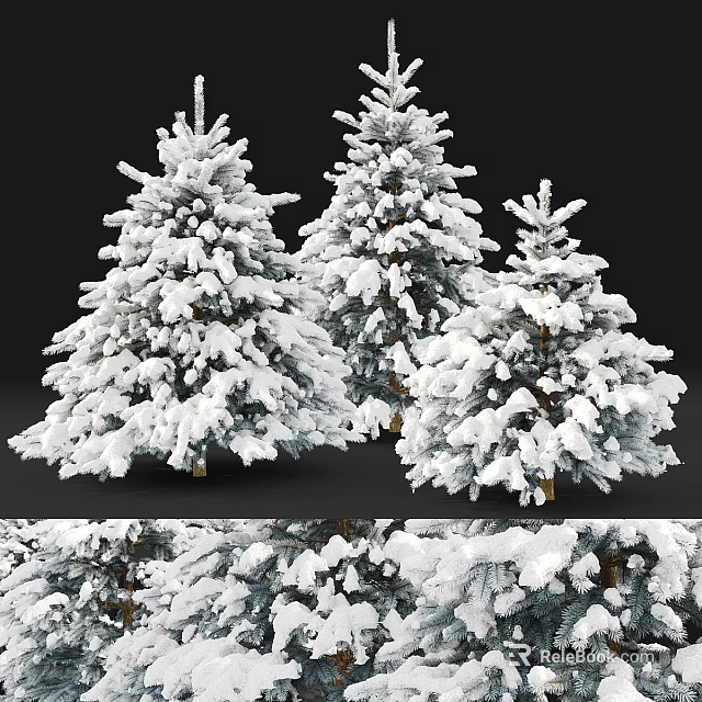 Three Snow Covered Evergreen Trees With Fluffy White Canopies And Pine Needles 3d model 