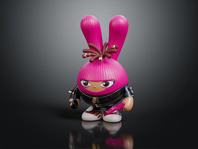 Pink Rabbit Character With Long Ears Braided Hair Holding Object Black Jacket White Shoes 3d model