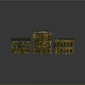 Old Weathered Buildings With Green Roofs Yellow Walls Arched Windows And Balconies