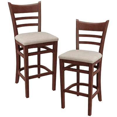 Two Wooden Bar Stools With Beige Padded Seats And Ladder Back Design 3d model