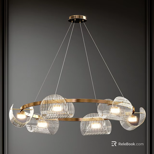 Modern Chandelier With Golden Circular Frame And Transparent Spherical Lampshades For Home Decor 3d model 
