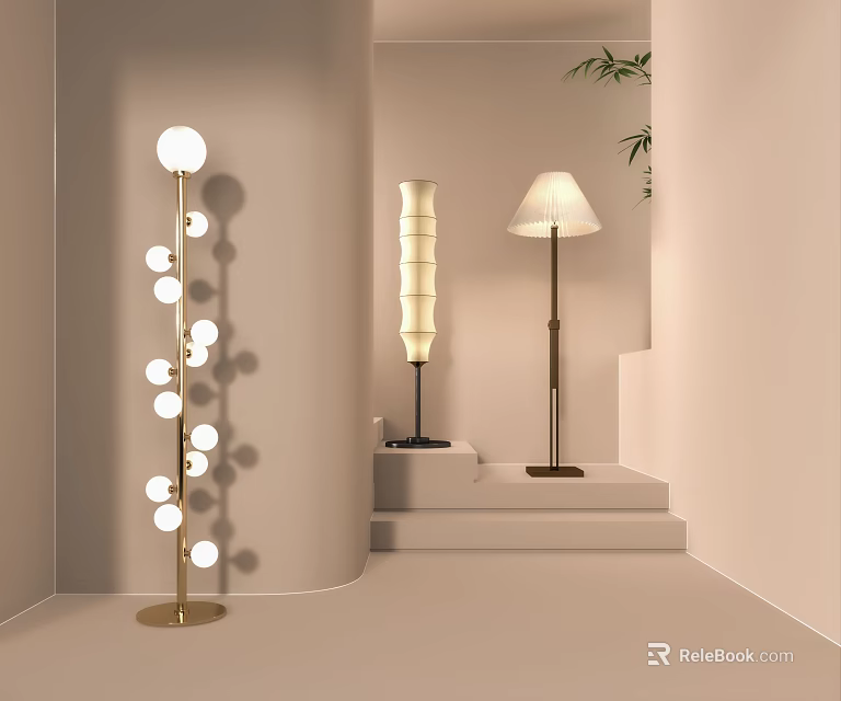 Modern Elegant Floor Lamps with Gold Base White Shade and Spiral Design in Minimalist Interior 3d model 