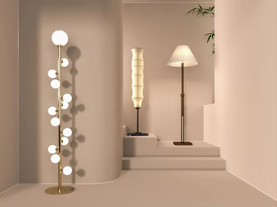 Modern Elegant Floor Lamps with Gold Base White Shade and Spiral Design in Minimalist Interior 3d model