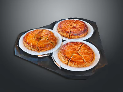 Three Delicious Baked Puff Pastry Tarts Displayed On White Plates Over Dark Tray 3d model