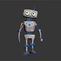 Cute White Blue Robot With Big Eyes Antenna And Mechanical Limbs In Cartoon Style