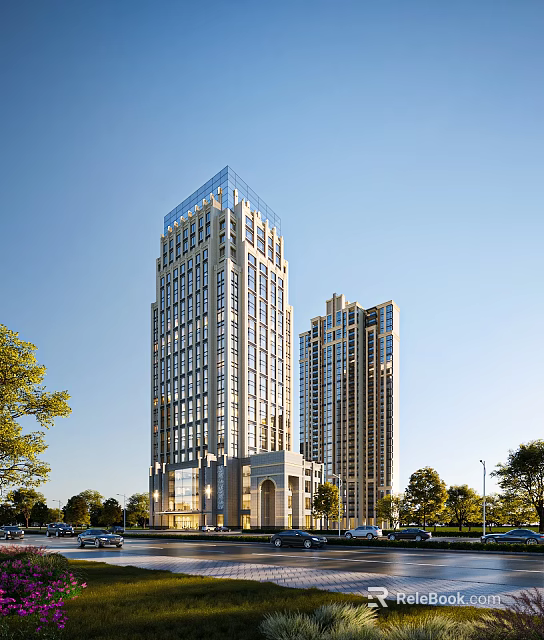 Modern High Rise Office Building Exterior With Glass Facade And Surrounding Trees Under Blue Sky 3d model 