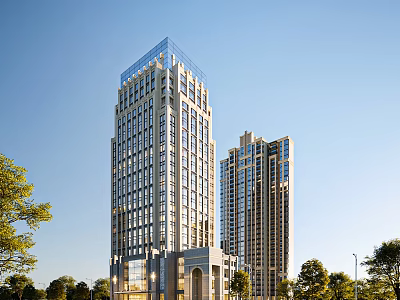 Modern High Rise Office Building Exterior With Glass Facade And Surrounding Trees Under Blue Sky 3d model