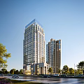 Modern High Rise Office Building Exterior With Glass Facade And Surrounding Trees Under Blue Sky