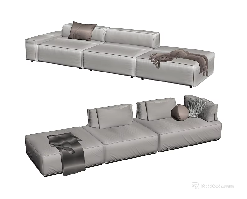 Modern Gray Leather Sectional Sofa With Decorative Pillows And Throw Blanket 3d model