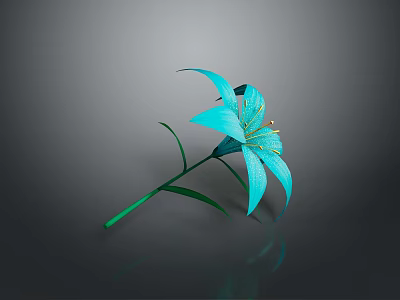 Blue Lily Plant with Green Stem and Leaves on Dark Background with Reflection 3d model