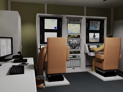 Control Room Equipment Setup With Multiple Monitors Control Panels And Ergonomic Seats For Efficient Operation 3d model