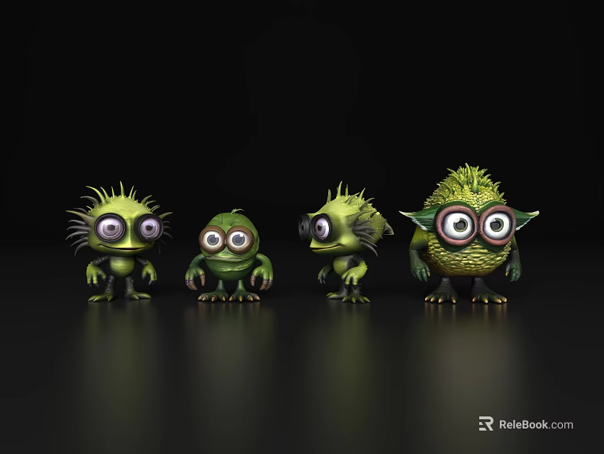 Four Green Fuzzy Monsters With Big Eyes Arranged On Dark Background 3d model