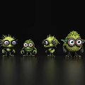 Four Green Fuzzy Monsters With Big Eyes Arranged On Dark Background 3d model