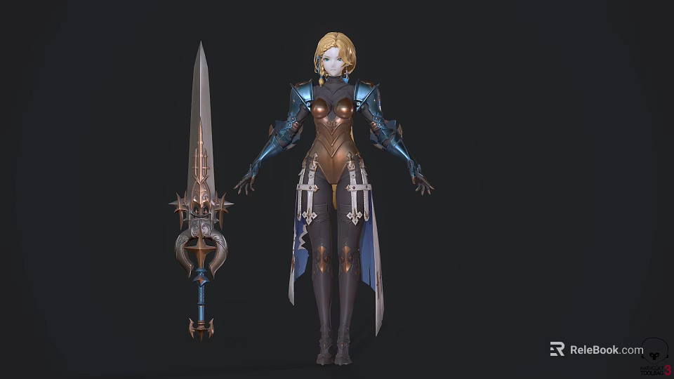 Detailed Game Movie Character With Blonde Hair Blue And Brown Armor Holding Long Sword 3d model 
