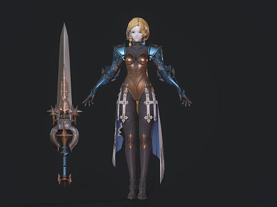 Detailed Game Movie Character With Blonde Hair Blue And Brown Armor Holding Long Sword 3d model
