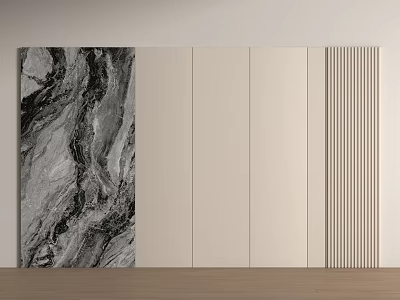 Modern Sofa Background Wall Design With Gray Marble Texture Beige Panels And Vertical Stripes 3d model