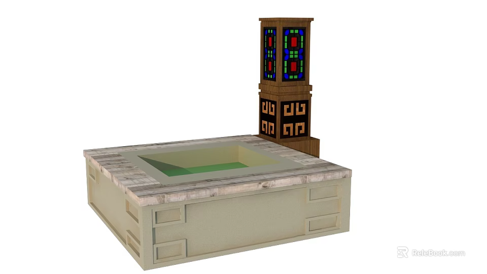 Tree Planter With Stone Base And Decorative Tower Featuring Stained Glass Panels 3d model 