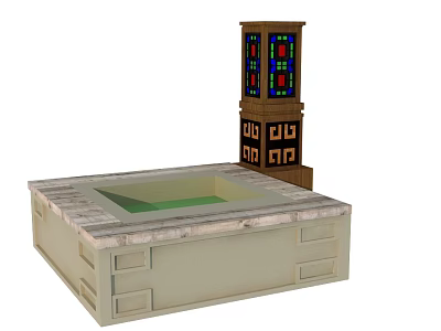 Tree Planter With Stone Base And Decorative Tower Featuring Stained Glass Panels 3d model