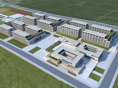 Modern School Campus Buildings With Spacious Courtyard Green Lawns And Organized Layout 3d model