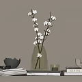 Decorative Ornament Set With Light Green Vase Cotton Branches Books And Cup On White Shelf