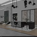 Modern Interior Showroom With Large Decorative Paintings Marble Panels White Armchairs And Pendant Lights