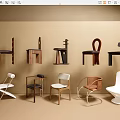 Various Designs Dining Chairs Hung On Beige Wall And Placed On Floor Interior