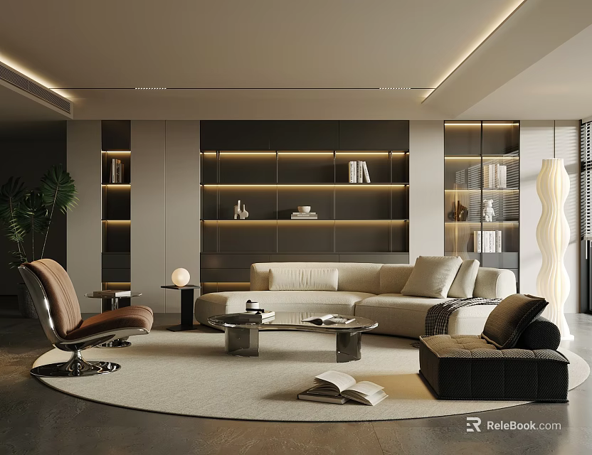 Modern Minimalist Sofa And Glass Coffee Table Set For Luxurious Elegant Warm Living Room Decor 3d model 