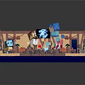Colorful Stage Scene Construction With Blue Characters Red Platforms And Wooden Decorations