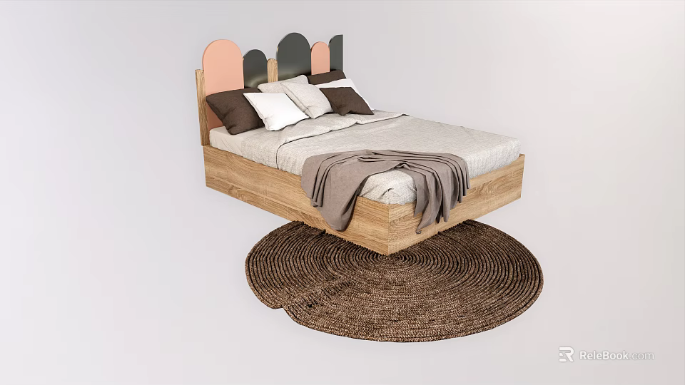 Wooden Kids Bed With Colorful Geometric Headboard Soft Pillows Cozy Blanket And Round Jute Rug 3d model 