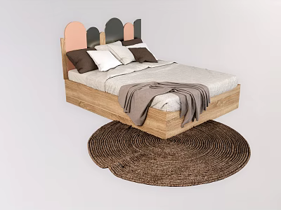 Wooden Kids Bed With Colorful Geometric Headboard Soft Pillows Cozy Blanket And Round Jute Rug 3d model