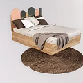 Wooden Kids Bed With Colorful Geometric Headboard Soft Pillows Cozy Blanket And Round Jute Rug