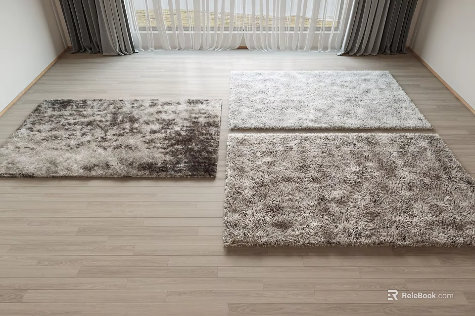 Soft Plush Square Rugs in Different Tones on Wooden Floor Living Room 3d model 