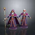 Two men in purple hooded robes with long beards and magic staffs