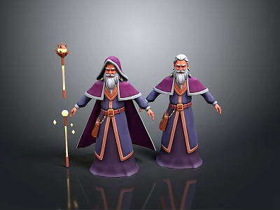 Two men in purple hooded robes with long beards and magic staffs 3d model