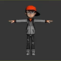 3D Animated Character Wearing Red Cap Glasses Gray Hoodie With Arms Outstretched On Dark Background