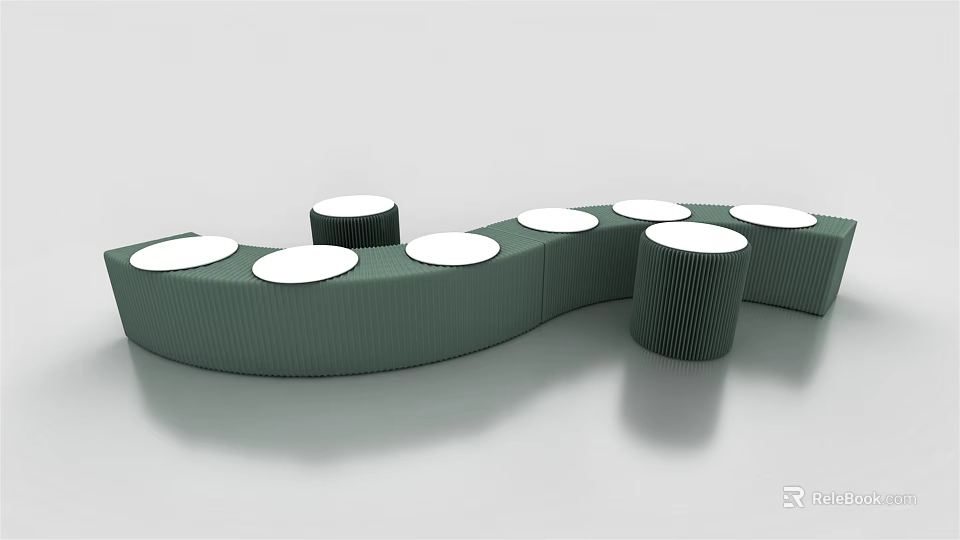 Green Curved Sofa Bench With White Round Cushions And Separate Stools Design 3d model