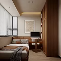 Modern Tatami Bedroom Interior With Tatami Bed Desk Chair Wooden Cabinets Wall Art And Blinds