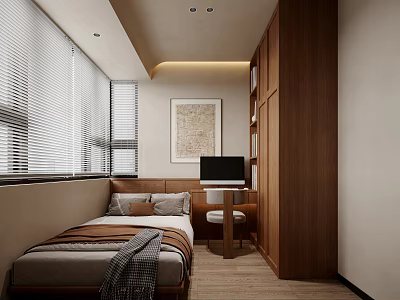 Modern Tatami Bedroom Interior With Tatami Bed Desk Chair Wooden Cabinets Wall Art And Blinds 3d model